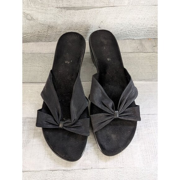Black Open-Toe Wedge Sandals With Bow Detail Size 8.5 Made In Italy Womens Shoes - Picture 1 of 6